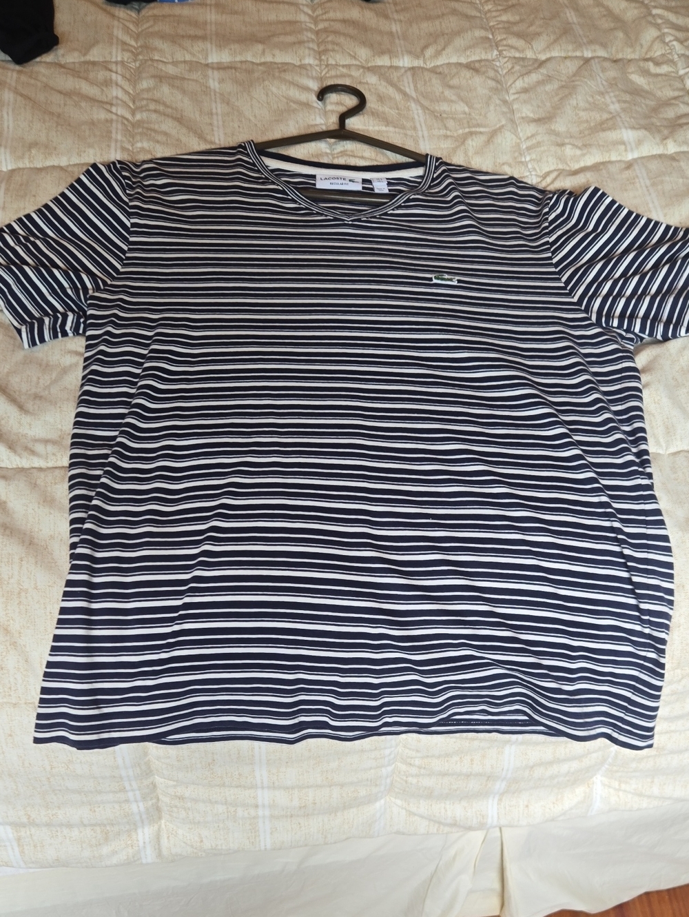 Lacoste Horizontal Navy and White Stripe Short Sleeve Tee